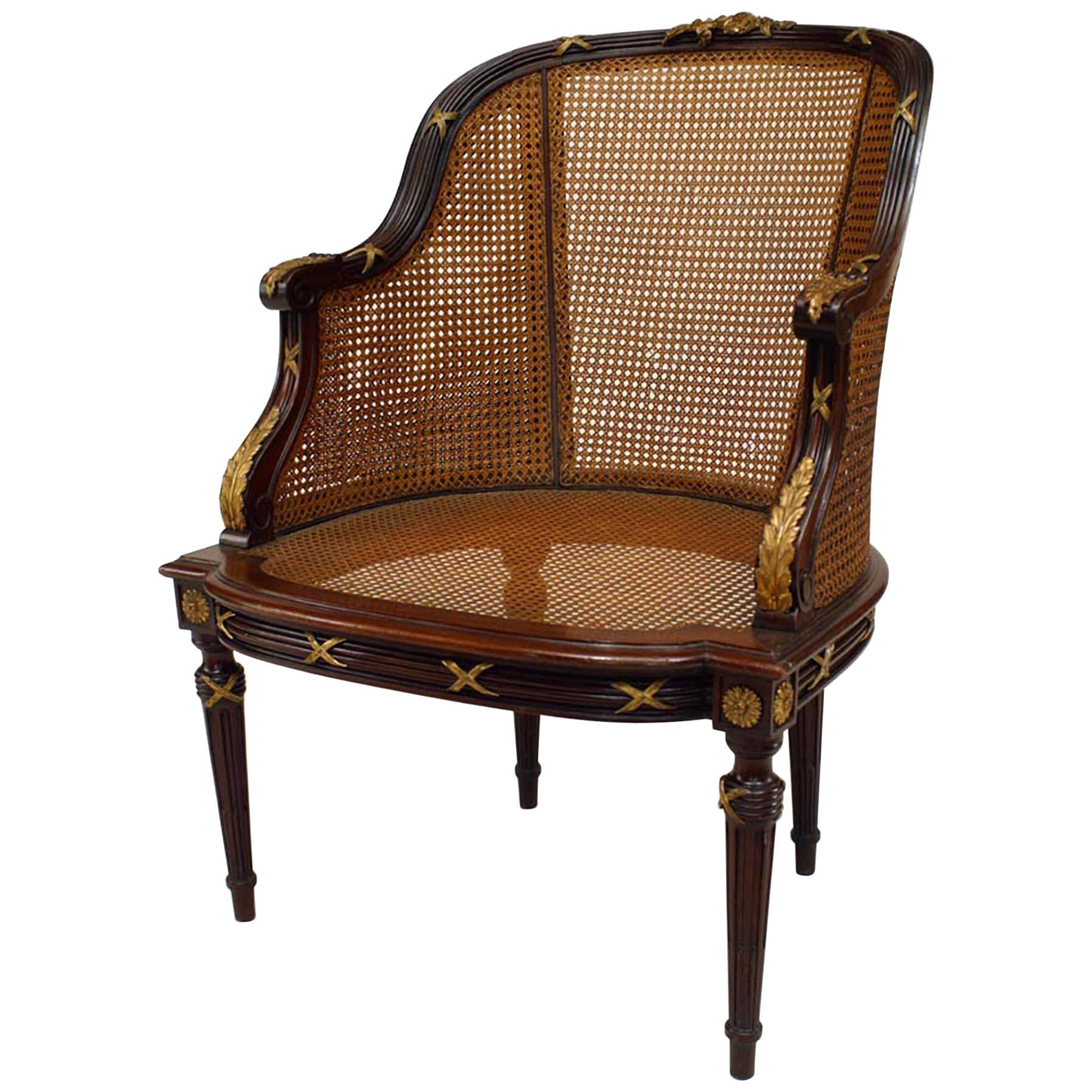 French Louis XVI Style Ormolu-Mounted Mahogany Caned Bergere