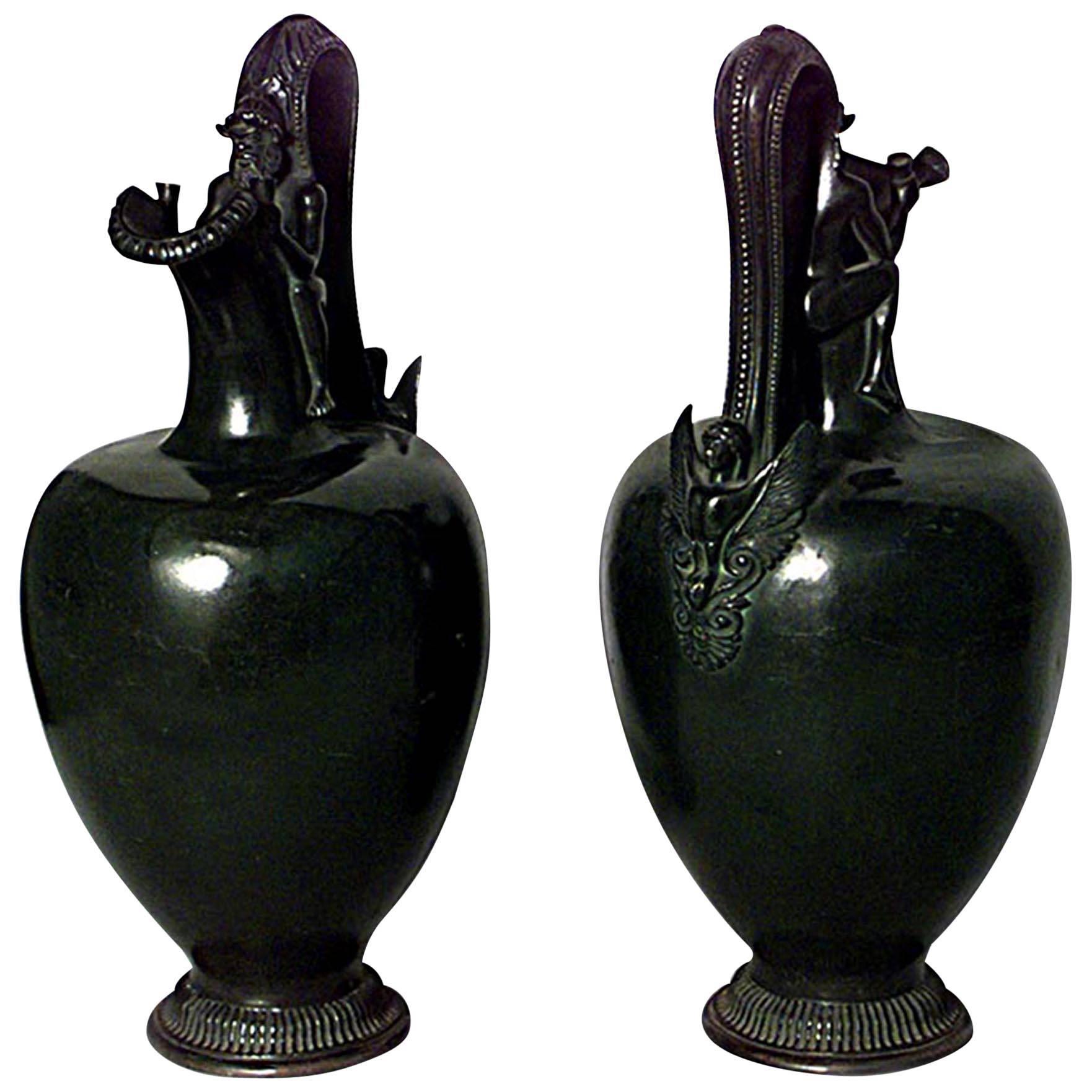 Pair of French Victorian Bronze Satyr Pitchers For Sale