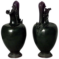 Antique Pair of French Victorian Bronze Satyr Pitchers