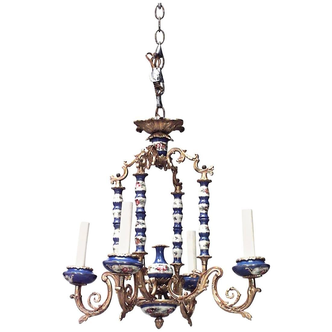 French Louis XV Style Sevres Porcelain and Bronze Chandelier For Sale