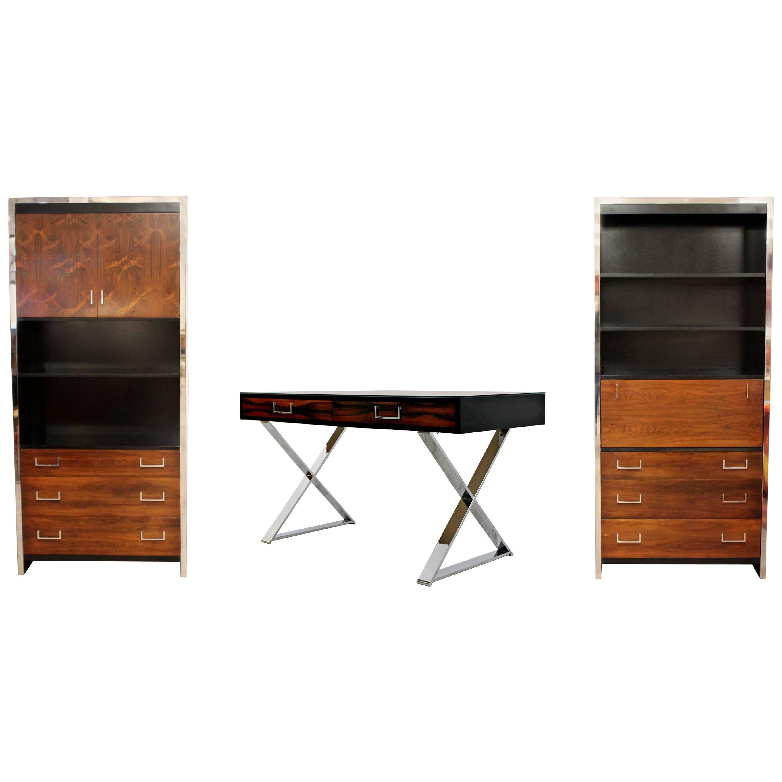 Mid-Century Modern Baughman Pair of Rosewood Cabinets and Campaign X Desk Set
