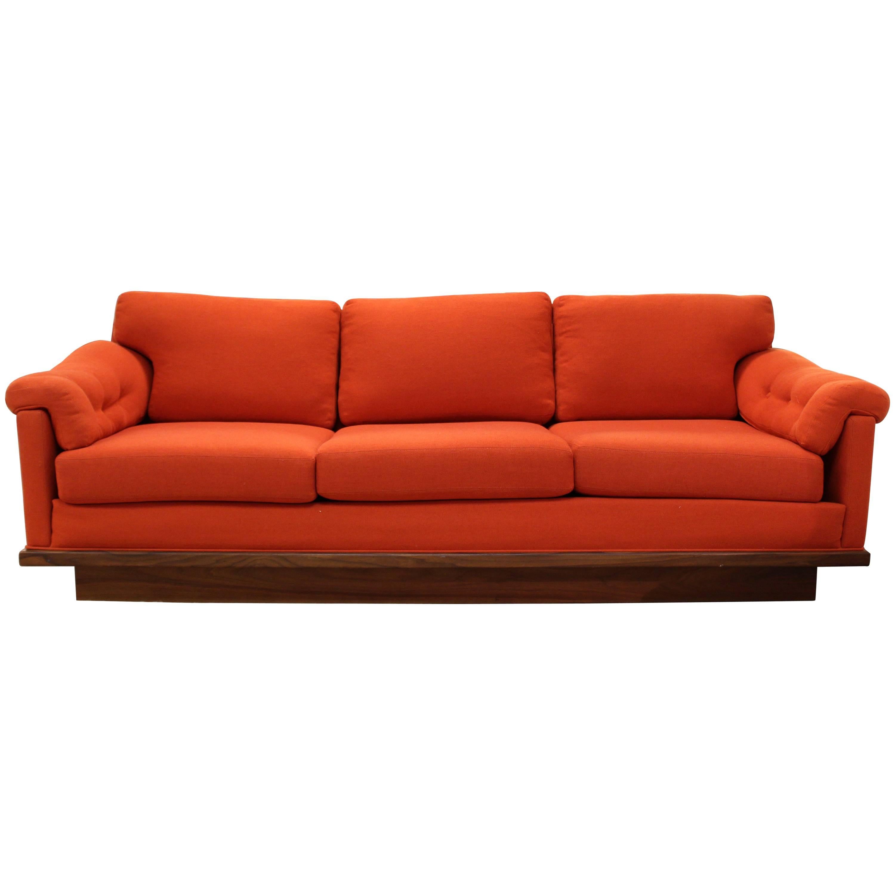 Mid-Century Modern Baughman for James Walnut Plinth Base Three-Seat Sofa Orange