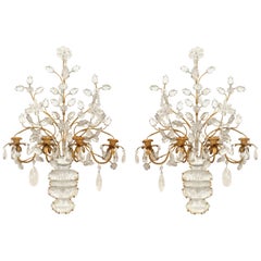 Antique Pair of Maison Bagues French Art Deco Floral Crystal Wall Sconces