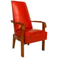 Vintage French Oak Red Leather Arm Chair