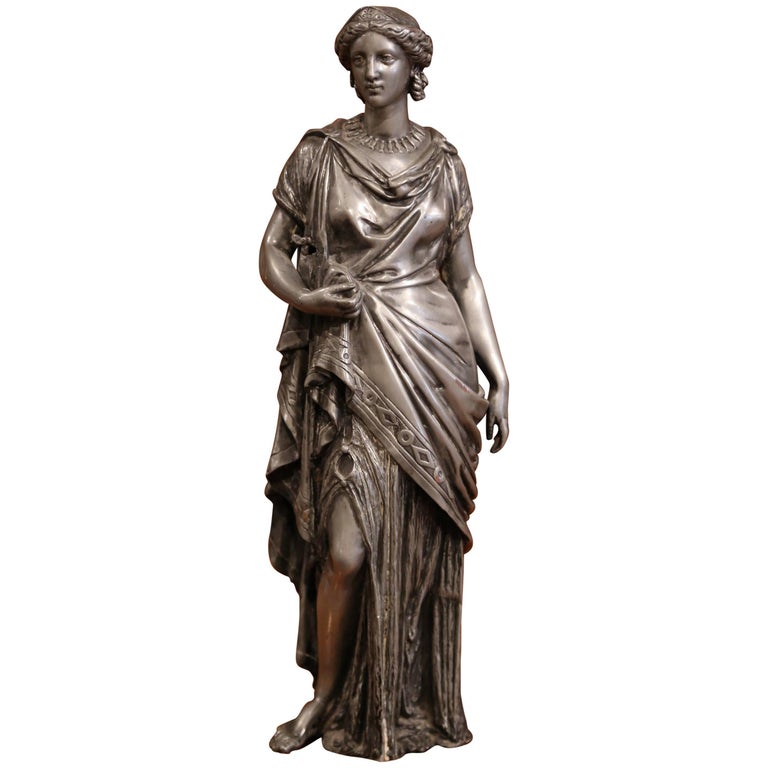 19th Century French Patinated Pewter Statue of Roman Woman For Sale at