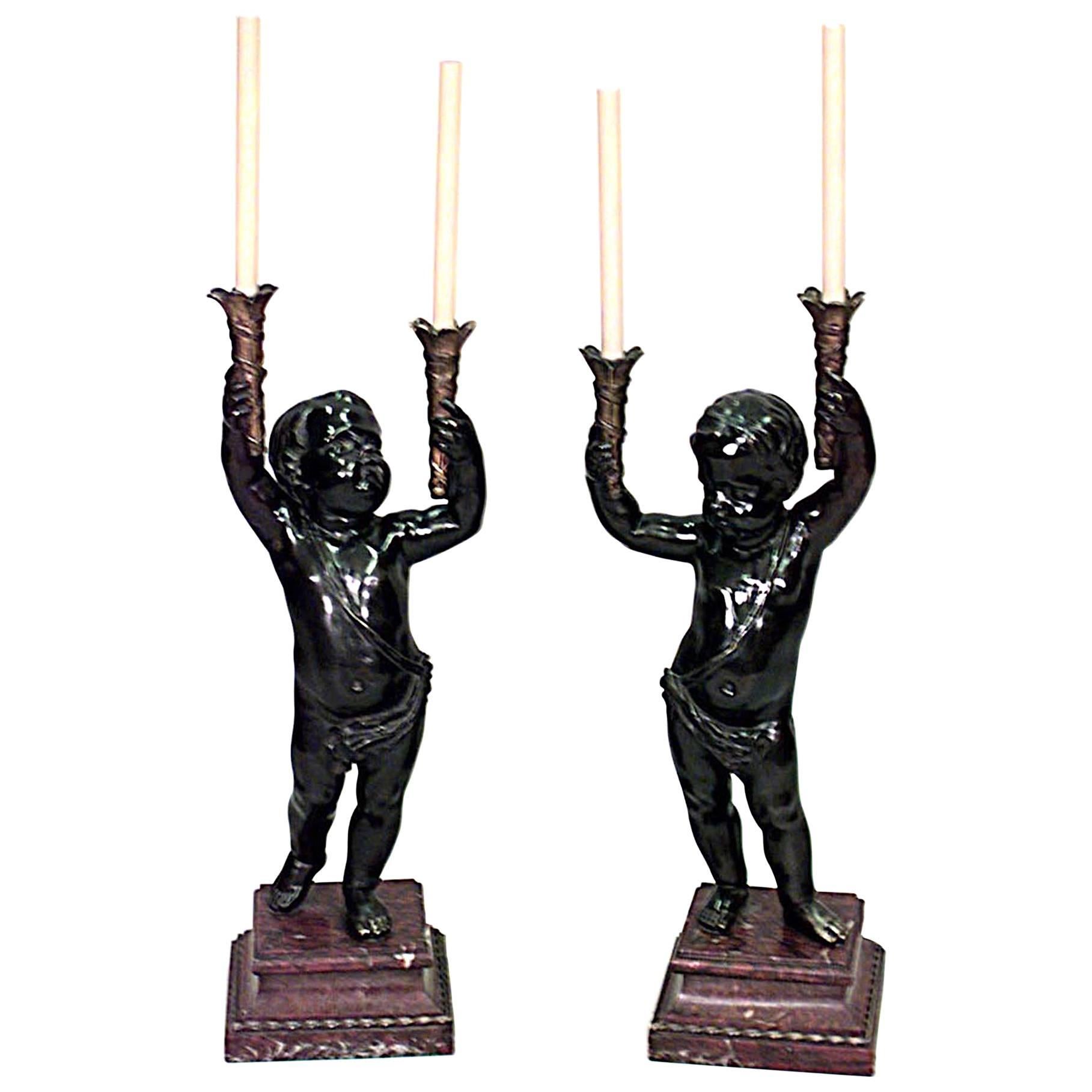 Pair of French Louis XVI Style Cupid Candelabras with Marble Bases