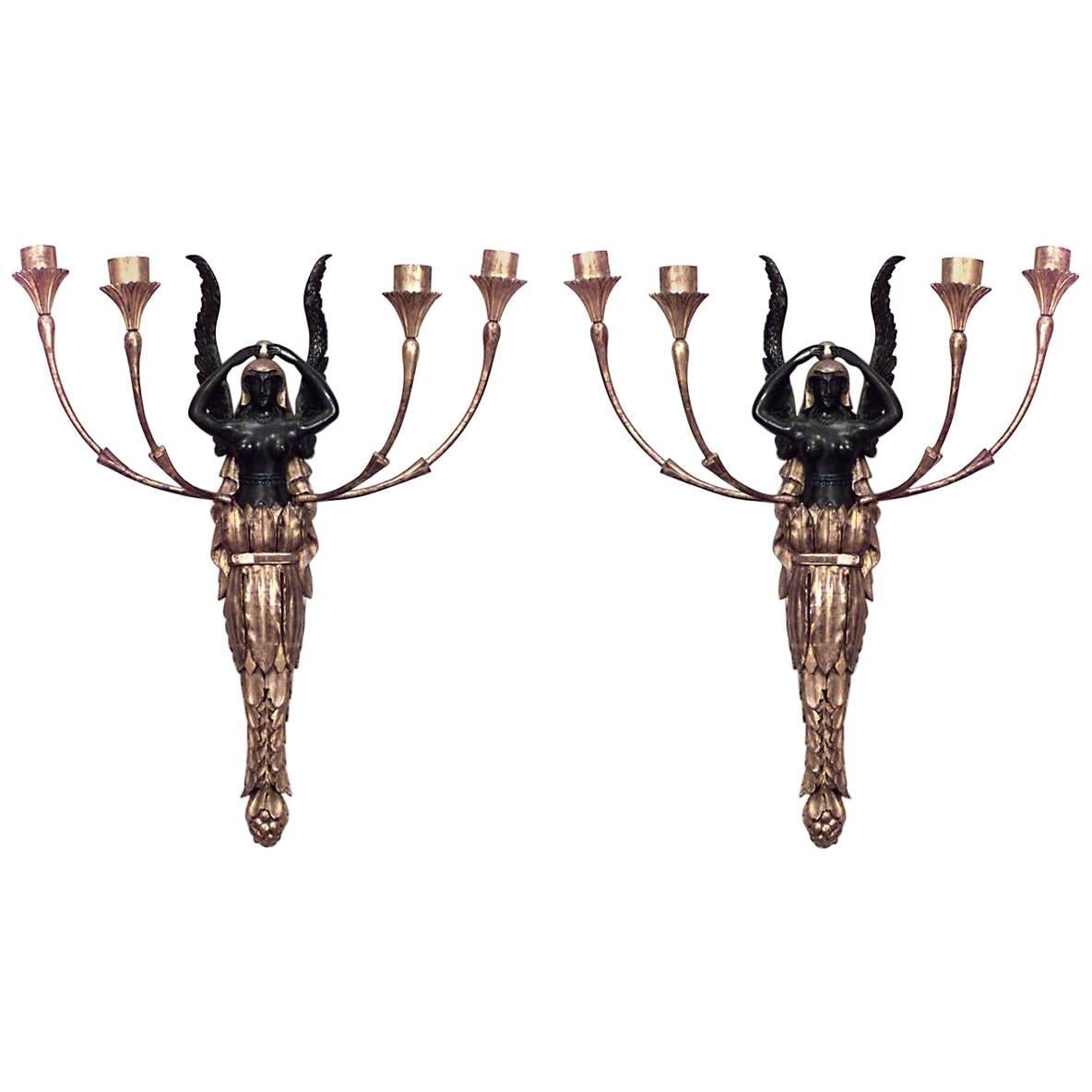 Pair of French Empire Gilt Wood and Lacquer Wall Sconces For Sale