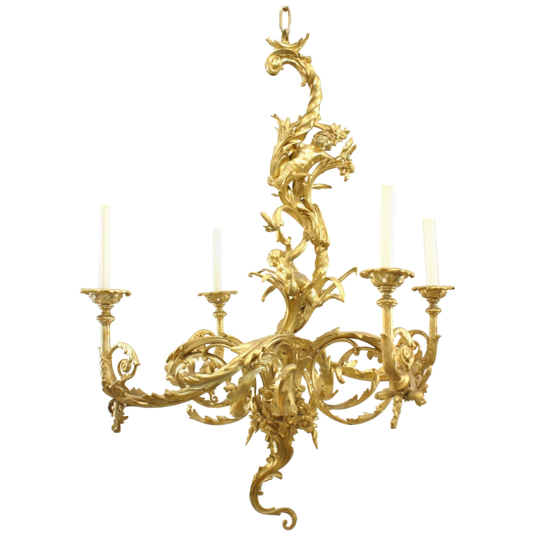 French Louis XV Style Gilt Bronze Cupid Mermaid Chandelier For Sale