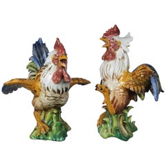 Pair of Vintage Italian Ceramic Roosters