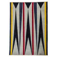  Rug In Between - Modern Geometric Grey Black Wool w/ Red Yellow Patterns Wool