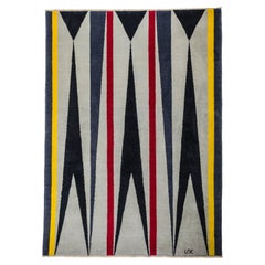 Teppich - Modern Geometrisch Grau Schwarz Wolle mit Rot Gelb Mustern Wollteppich