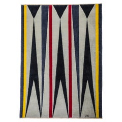  Rug - Modern Geometric Grey Black Wool w/ Red Yellow Patterns Wool Carpet