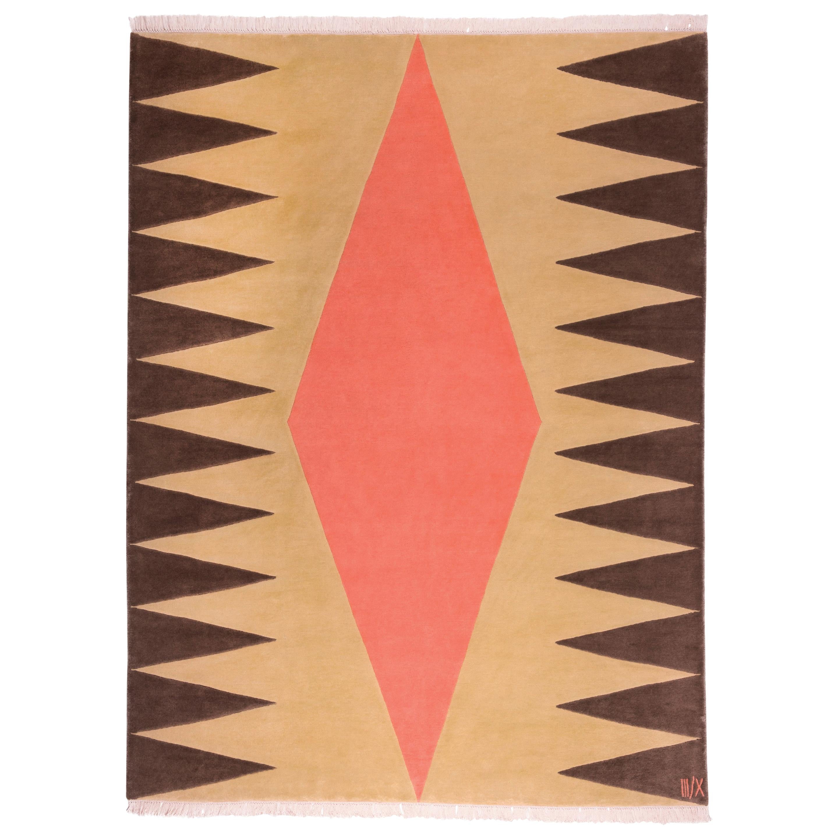 Tapis intérieur orange - motifs géométriques en laine beige pêche marron par Carpets CC  en vente