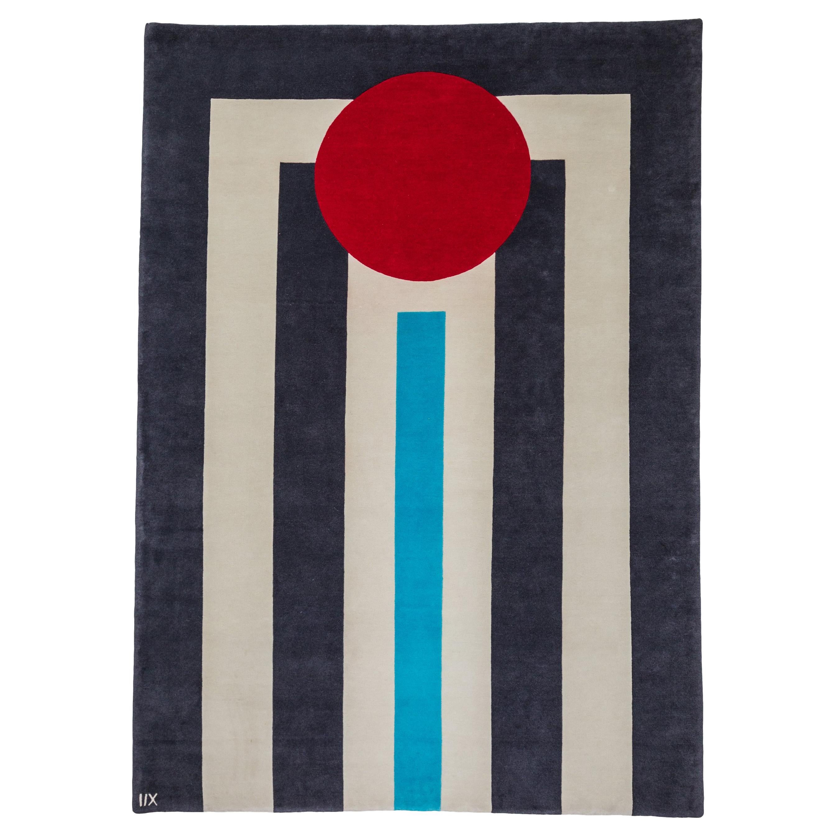 Rug  Modern Geometric Cream Wool with Red Circle White Blue Grey Stripes carpet