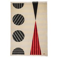  Tapis   Tapis Art déco moderne géométrique en laine crème à rayures rouges, noires et grises