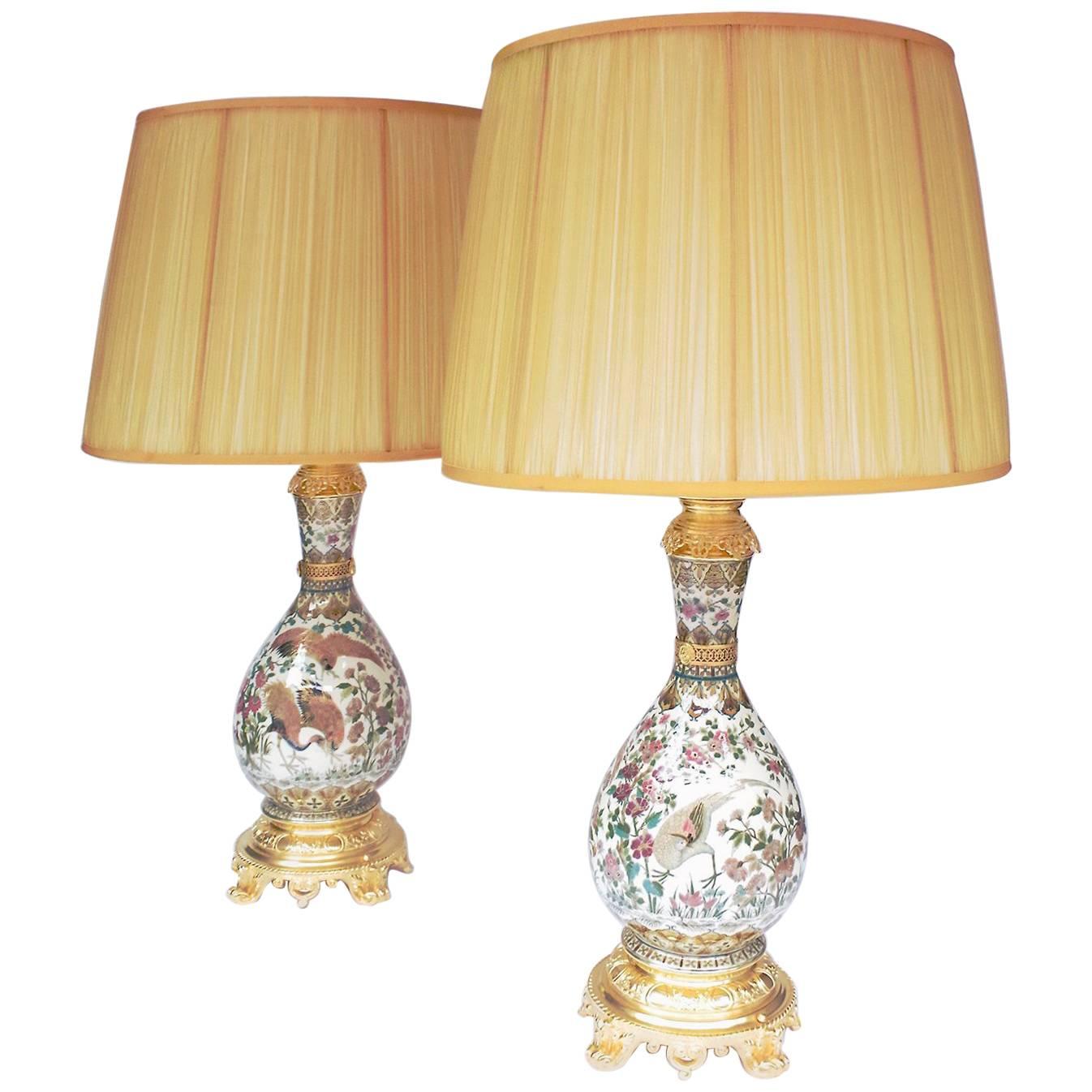 Pair of Zsolnay Porcelain Lamps, Cream Color and Birds Patterns, circa 1880