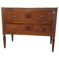 18th Century Italian Louis XVI Inlay Wood Marble Top Chest of Drawers