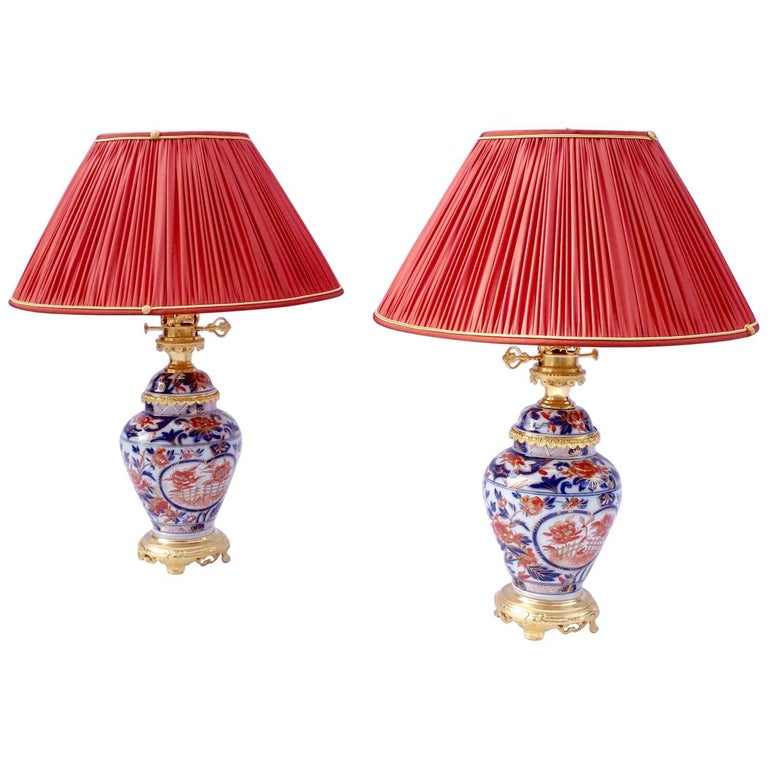 Pair of Bayeux Porcelain Lamps, Vase Shaped, Floral Imari Decor, circa