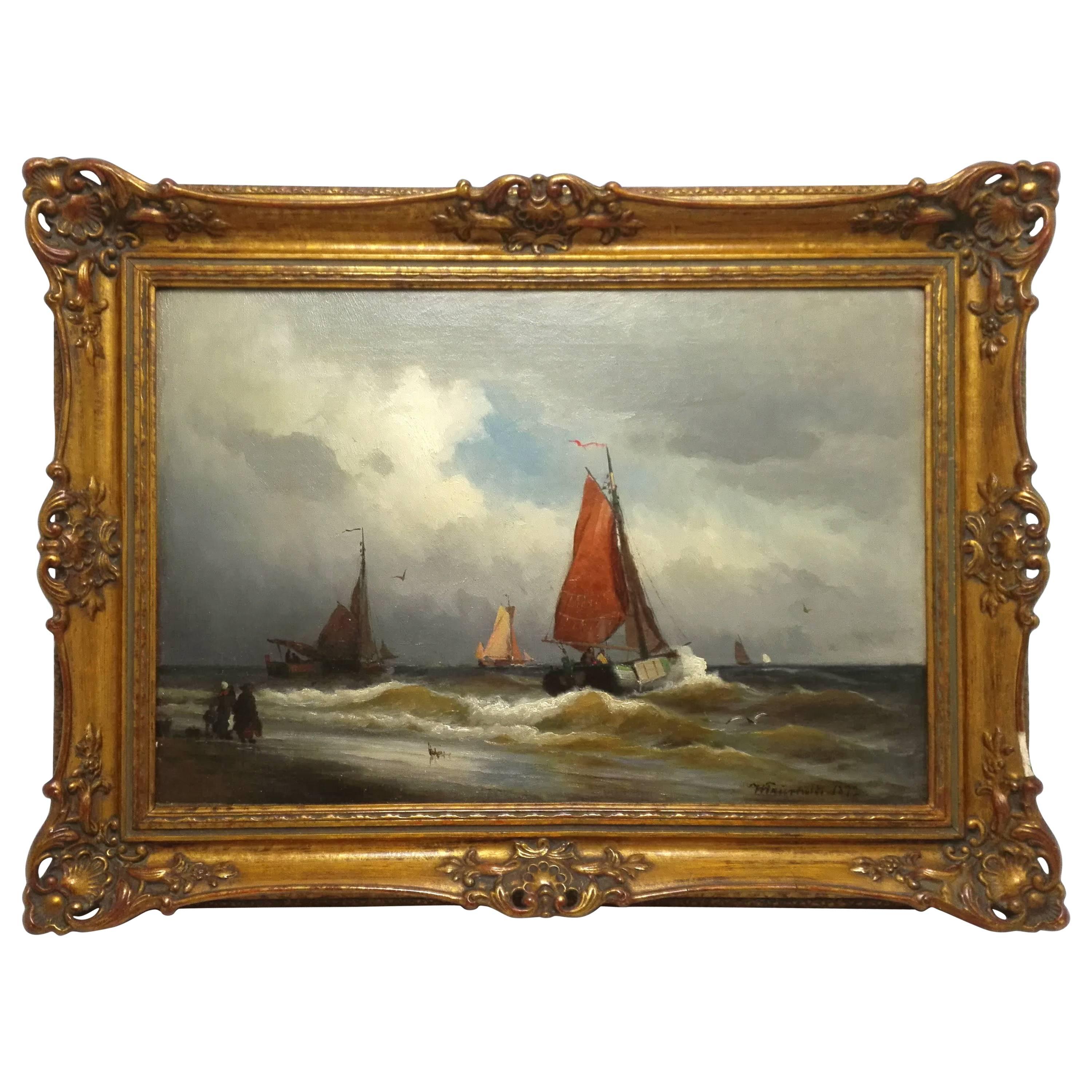 Viggo Fauerhold 1832 Kopenhagen 1883 Dusseldorf Marine Paint Oil Canvas Frame For Sale
