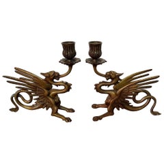 Pair of Two 19th Century Bronze Dragon Candlesticks