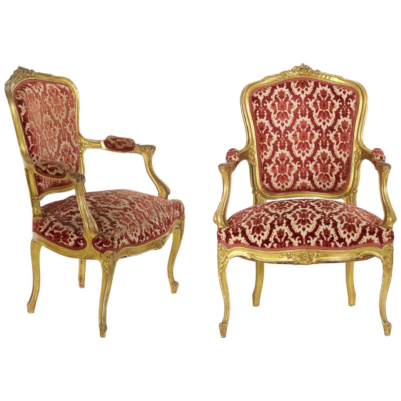 Pair of French Louis XV Style Giltwood Antique Armchairs Fauteuils, circa 1900
