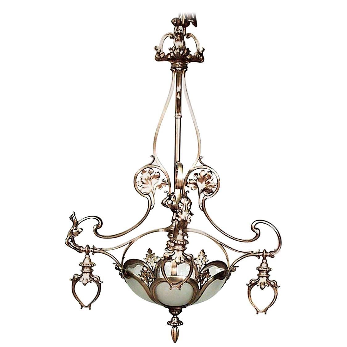 French Art Nouveau Bronze Dore and Glass Chandelier