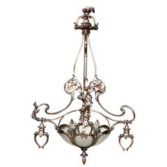 French Art Nouveau Bronze Dore and Glass Chandelier