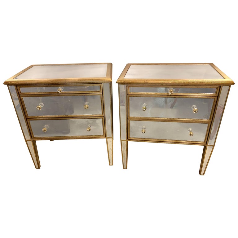 Pair Of Large Custom Three Drawer Antique Mirrored Nightstands Or