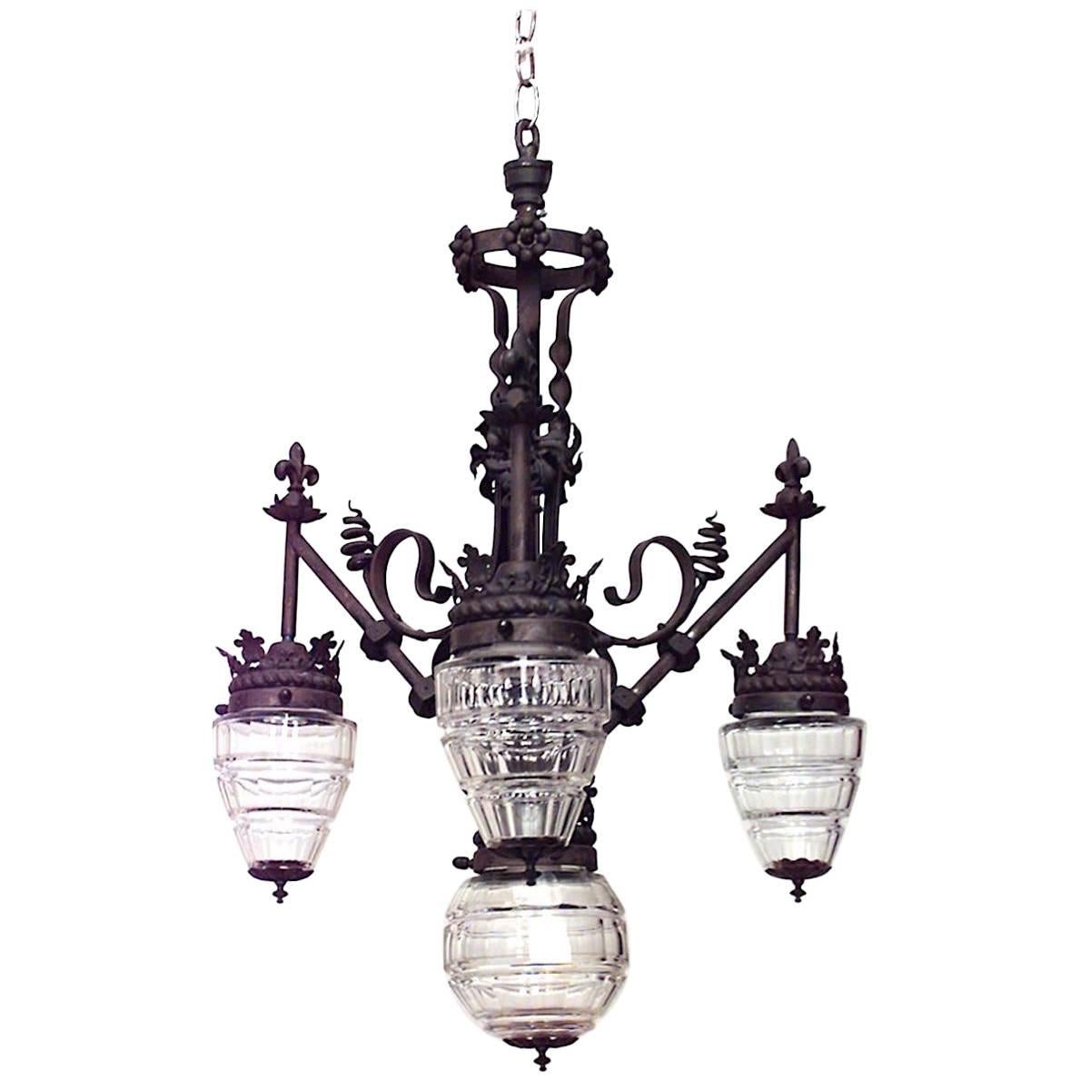 French Provincial Style Wrought Iron and Glass Floral Chandelier For Sale