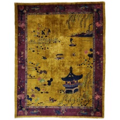 Gold and Purple Antique Chinese Art Deco Rug