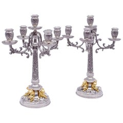 Pair of Solid Silver Candelabra in the Louis XIV Style with Putti, circa 1900