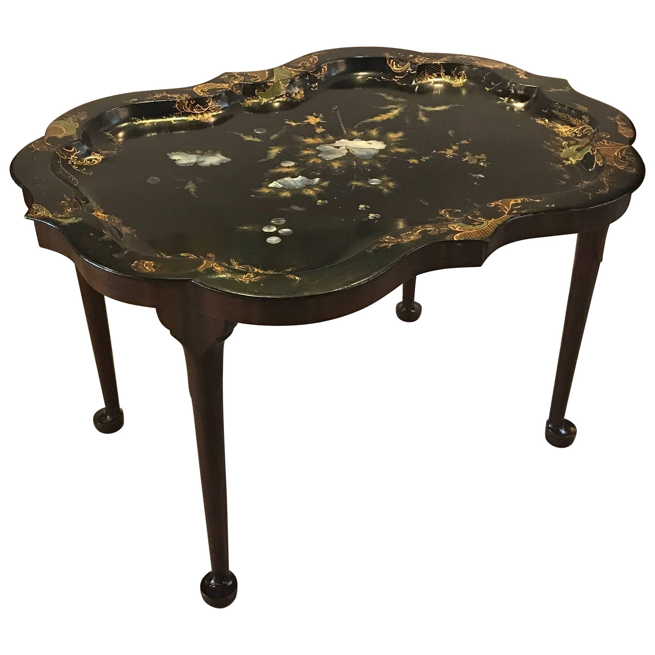 Antique English Tole with Mother-of-Pearl Tray Table