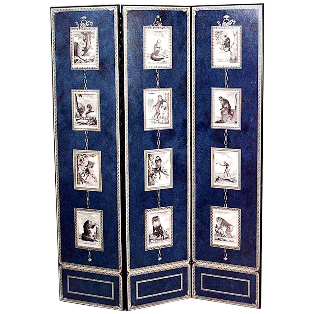 French Victorian Style Blue 3-Fold Screen with Monkey Prints