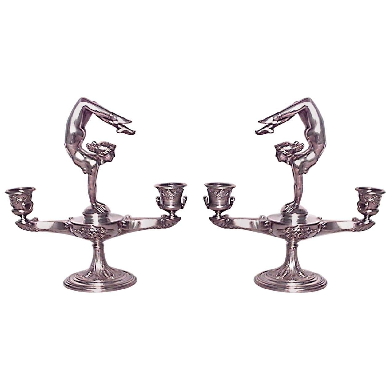Pair of French Art Nouveau Silver Plate Candelabras with Acrobat Figures