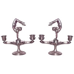 Pair of French Art Nouveau Silver Plate Candelabras with Acrobat Figures