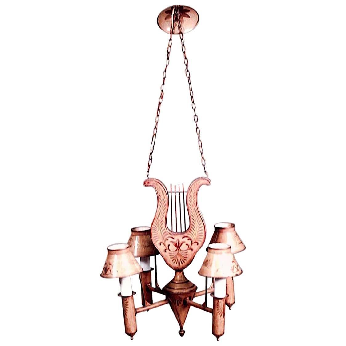 French Directoire Style Tole and Gilt Lyre Chandelier For Sale