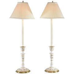 Pair of Candlestick Form Porcelain and Brass Table/Buffet Lamps Frederick Cooper