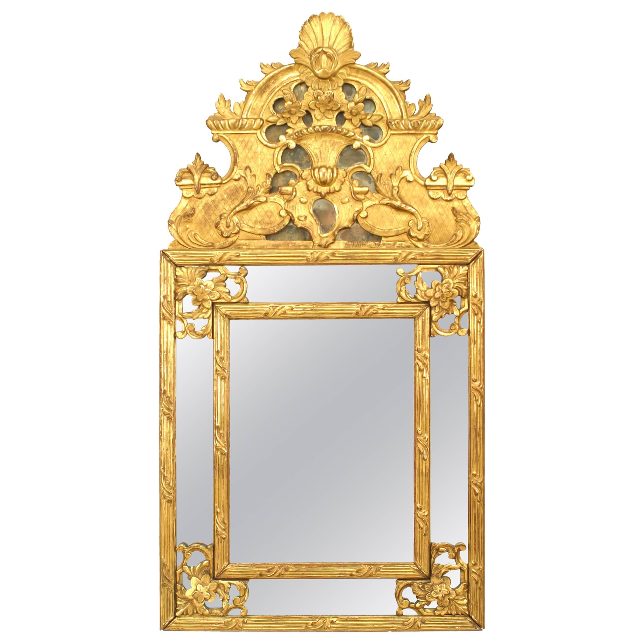 French Louis XVI Style Carved Giltwood Shell Pediment Wall Mirror For Sale
