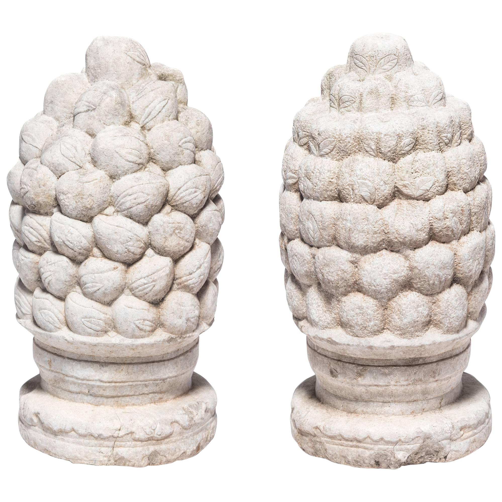 Pair of Chinese Stone Finials with Peaches and Persimmons, 17th/18th Century