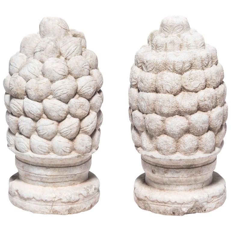 Pair of Chinese Stone Finials with Peaches and Persimmons, 17th/18th