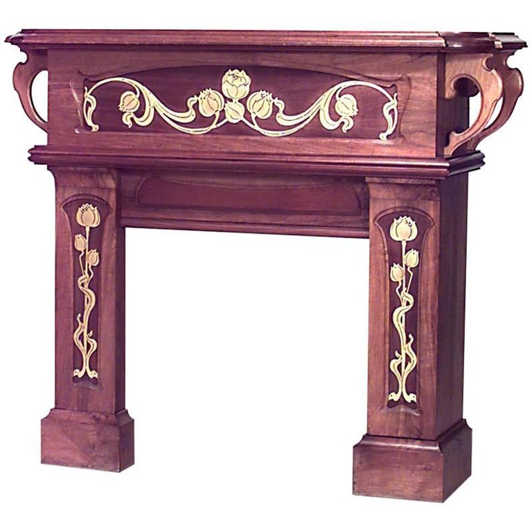 French Art Nouveau Walnut Fireplace Mantel For Sale at 1stDibs