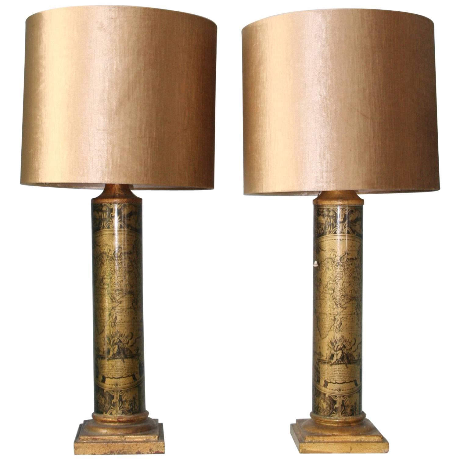 Pair of 1970s Lamps with Maps and Shades For Sale