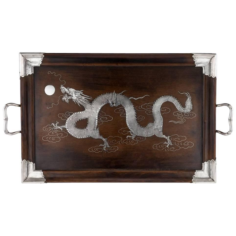 20th Century Chinese Export Solid Silver and Rosewood Dragon Tray, circa 1910