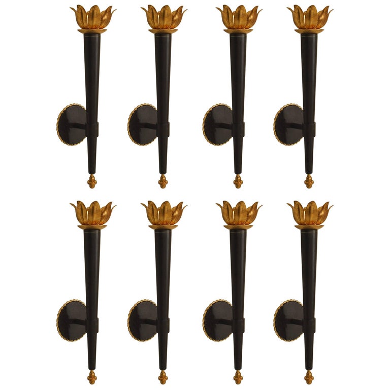 French Art Moderne Style Coronet Ebonized Iron Torch Form Wall Sconces French Art Moderne Style Coronet Ebonized Iron Torch Form Wall Sconces