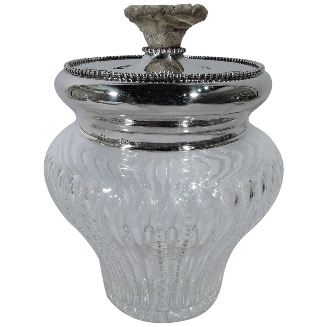 Antique Cut-Glass and Sterling Silver Tobacco Jar with Antler Finial