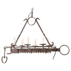 A French Six-Light Iron Chandelier upcycled from a 19th C. Spit-Jack