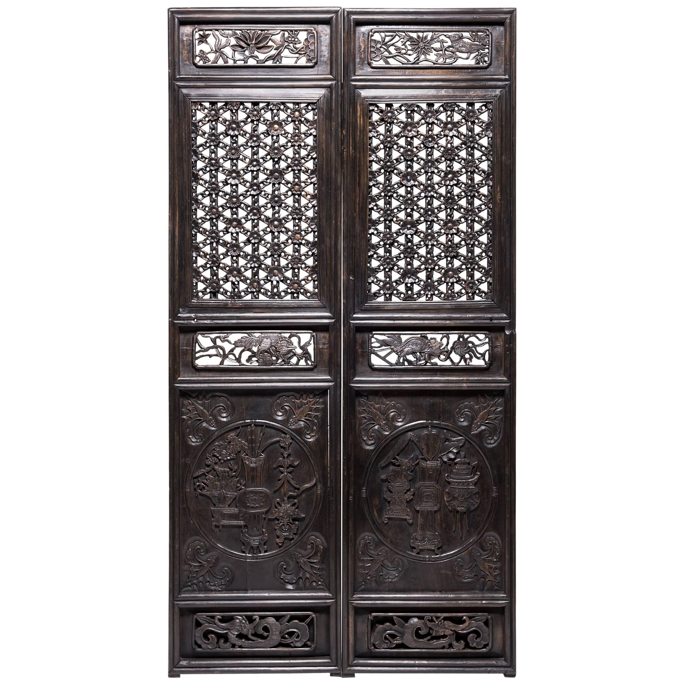 Pair of Chinese Floral Chainlink Lattice Panels, c. 1800 For Sale