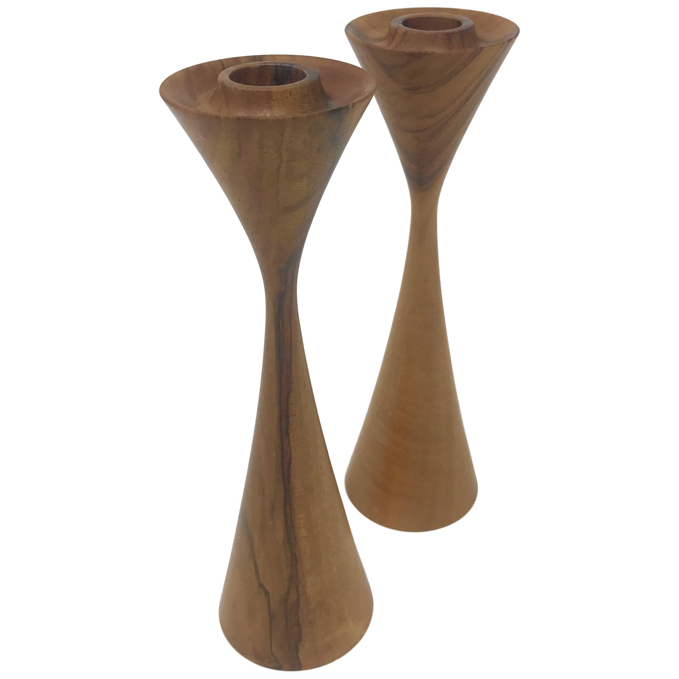 Pair of Turned Wooden Candlesticks by Lanny Lyell