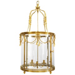 French Louis XVI Style Bronze Dore Glass Pendant Lantern Lamp