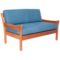 Midcentury Walnut Open Framed Settee Upholstered in Blue Linen